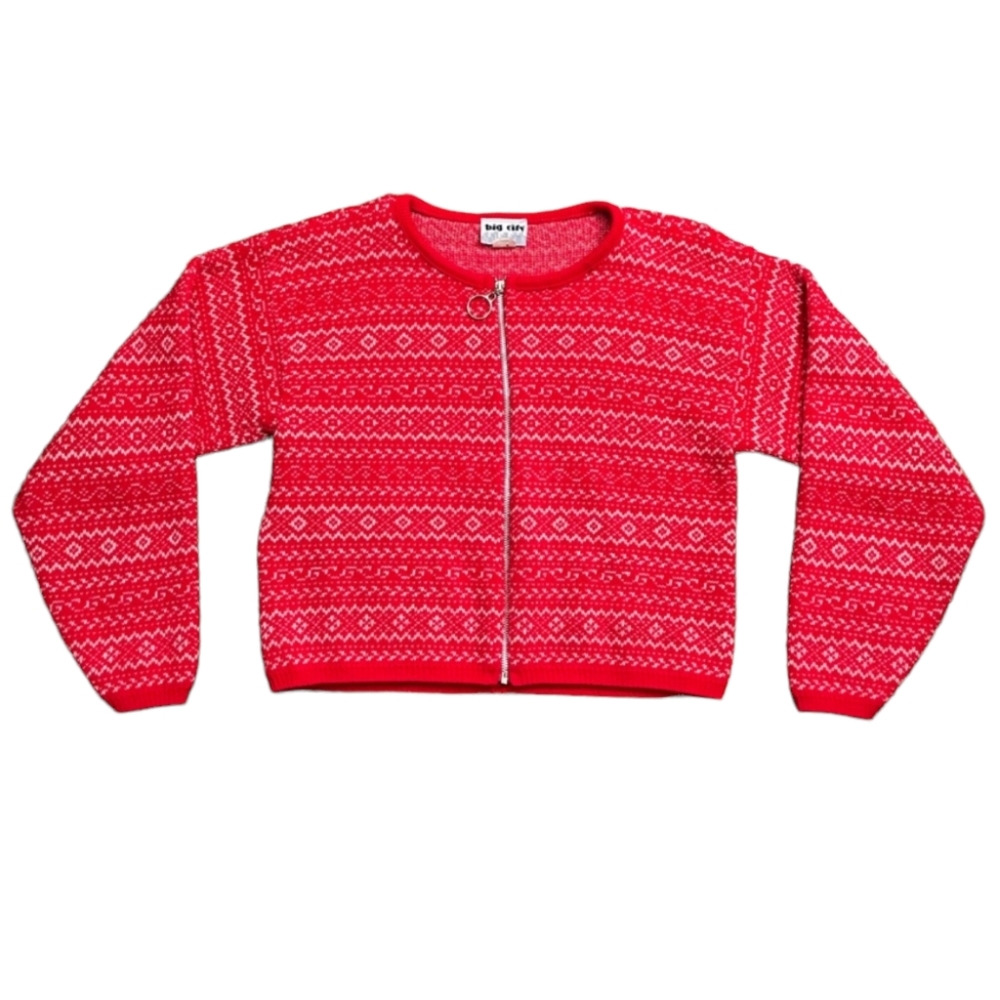 Vintage knit zip up crewneck sweater bright red white semi cropped Big City